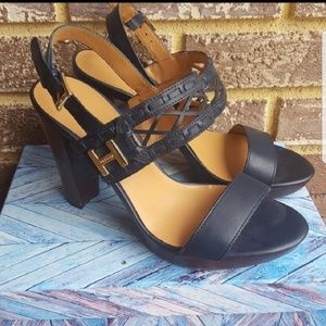 Navy blue chunky heel sandals